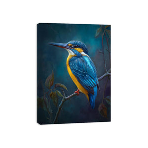 Blue kingfisher bird on branch canvas art for elegant office or bedroom decor.