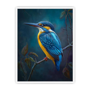 Blue kingfisher bird on branch canvas art for elegant office or bedroom decor.