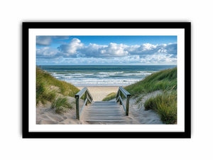 Coastal beach path photography canvas for relaxed living room decor.