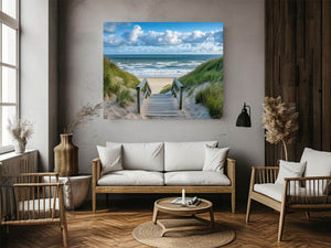 Coastal beach path photography canvas for relaxed living room decor.