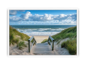Coastal beach path photography canvas for relaxed living room decor.