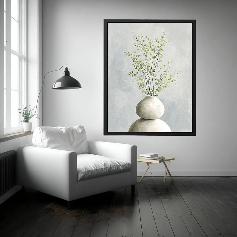 Minimal eucalyptus leaves in white vase canvas art for calm modern bedroom decor.