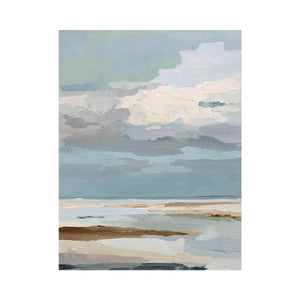 Textured coastal abstract seascape canvas art with soft blue clouds and shoreline tones for modern living room decor