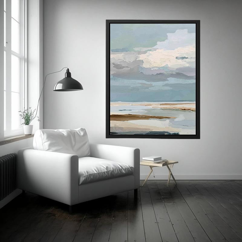 Textured coastal abstract seascape canvas art with soft blue clouds and shoreline tones for modern living room decor