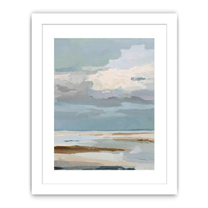 Textured coastal abstract seascape canvas art with soft blue clouds and shoreline tones for modern living room decor