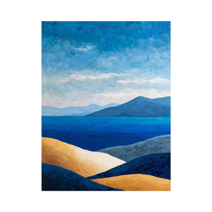 Blue coastal mountain landscape canvas art for serene modern living room decor.