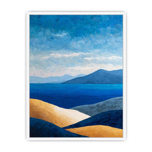 Blue coastal mountain landscape canvas art for serene modern living room decor.