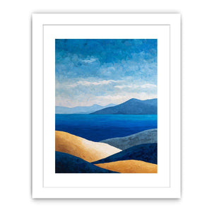 Blue coastal mountain landscape canvas art for serene modern living room decor.