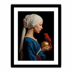 Classic woman portrait with red cardinal and gold orb canvas art for elegant room decor.