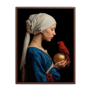 Classic woman portrait with red cardinal and gold orb canvas art for elegant room decor.