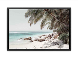 Tropical palm beach photography canvas print for serene coastal living room decor.