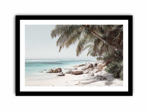 Tropical palm beach photography canvas print for serene coastal living room decor.