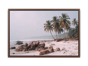 Misty palm beach photography canvas art for soft coastal bedroom decor.