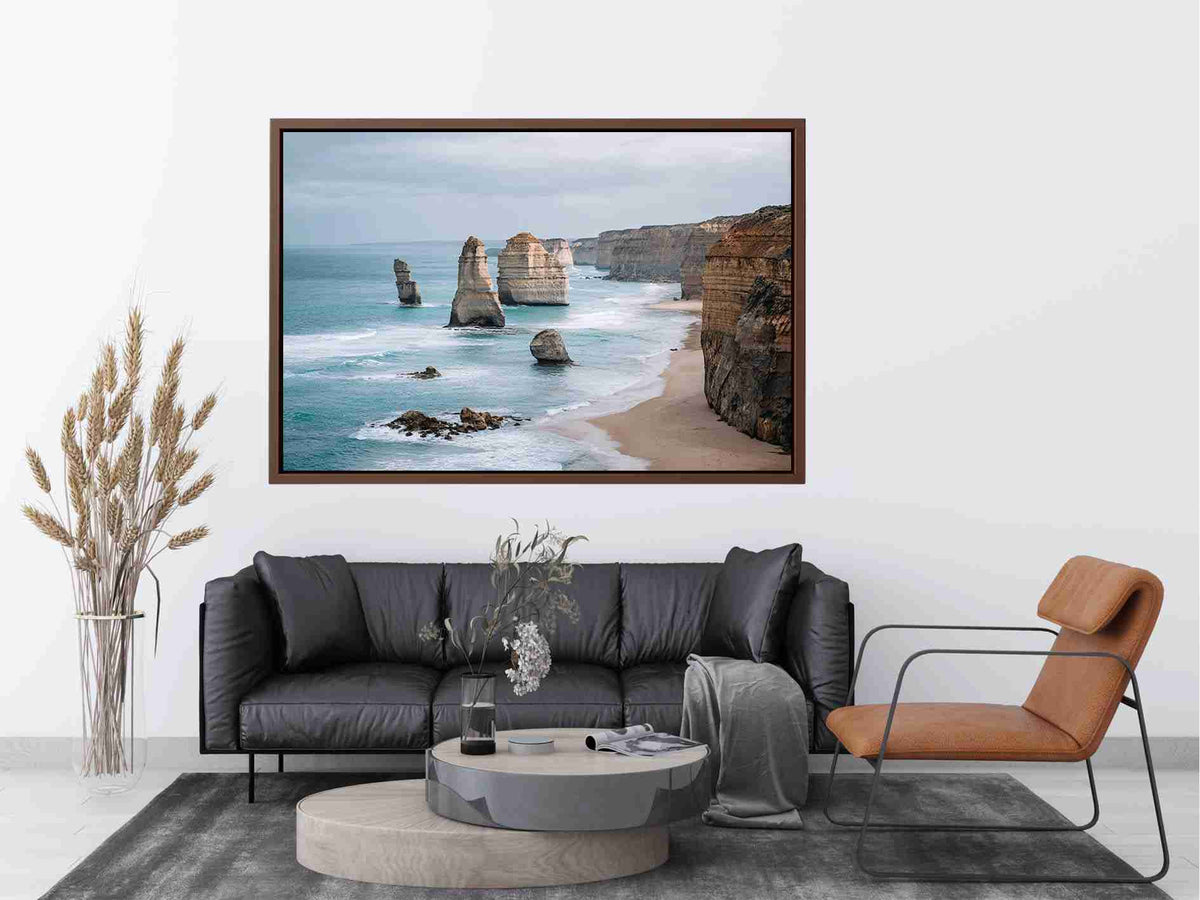Limestone coastal cliffs and sea stacks canvas print for modern living room decor.