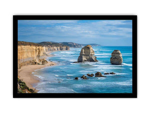 Blue ocean coast with limestone sea stacks canvas art for large living room decor.