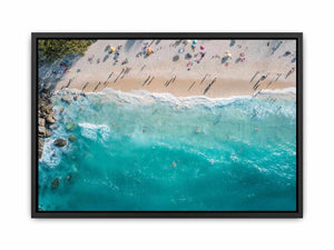 Aerial turquoise beach and wave photography canvas print for modern coastal decor.