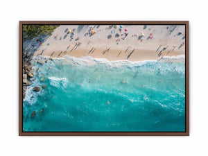 Aerial turquoise beach and wave photography canvas print for modern coastal decor.