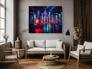 Neon city skyline sailboat canvas art for modern loft decor.