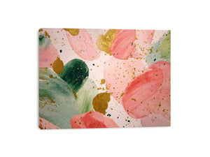 Soft pink abstract floral canvas art with gold accents for modern living room decor.