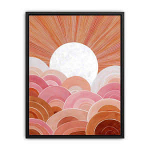 Boho sunrise canvas art with pink arches and terracotta rays for bedroom wall decor.