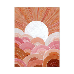 Boho sunrise canvas art with pink arches and terracotta rays for bedroom wall decor.