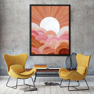 Boho sunrise canvas art with pink arches and terracotta rays for bedroom wall decor.