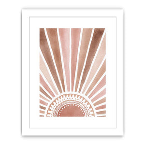 Watercolor boho sunburst canvas art in terracotta and blush for entryway decor.