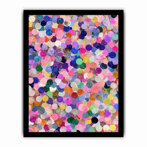 Colorful confetti abstract canvas art with circles for creative office or kids room decor.