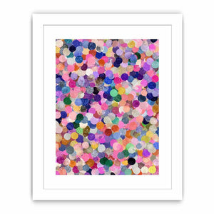 Colorful confetti abstract canvas art with circles for creative office or kids room decor.