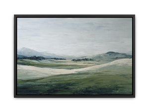Soft green landscape canvas art with misty hills for modern living room decor.