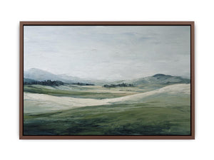 Soft green landscape canvas art with misty hills for modern living room decor.