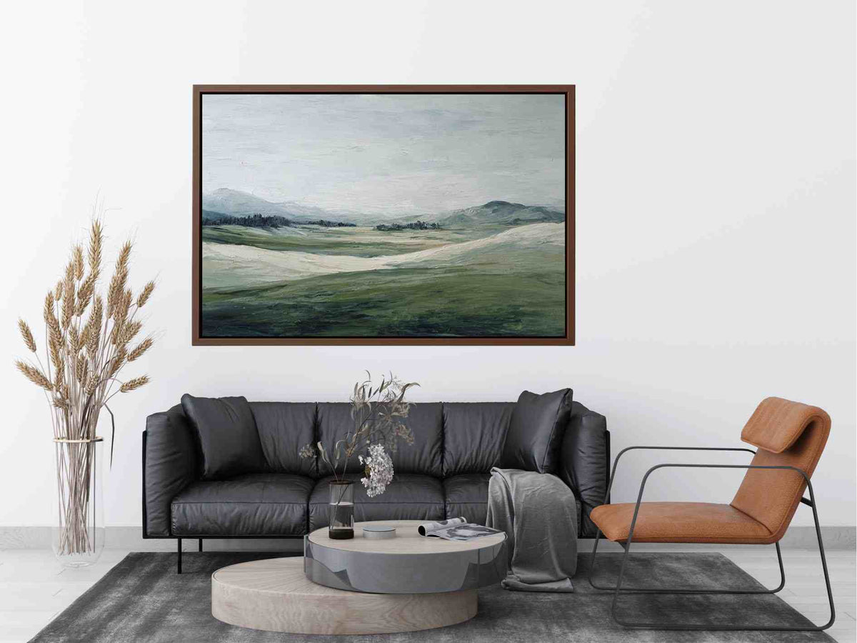 Soft green landscape canvas art with misty hills for modern living room decor.
