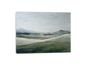 Soft green landscape canvas art with misty hills for modern living room decor.