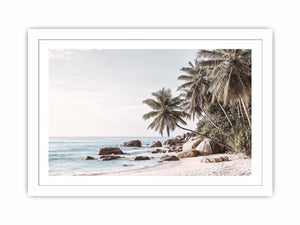 Tropical coastal palm tree canvas photography for light modern living room decor.