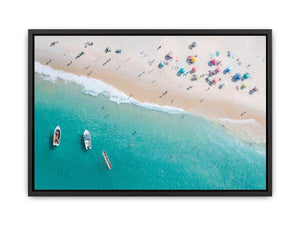 Aerial turquoise beach canvas photography with boats and umbrellas for coastal decor.