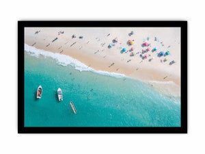 Aerial turquoise beach canvas photography with boats and umbrellas for coastal decor.