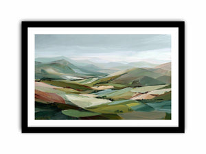 Sage green mountain landscape canvas art for calm modern living room decor.