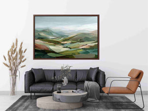 Sage green mountain landscape canvas art for calm modern living room decor.