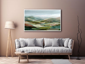 Sage green mountain landscape canvas art for calm modern living room decor.