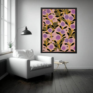 Bold botanical floral canvas art with lavender flowers and gold stems for entryway decor.