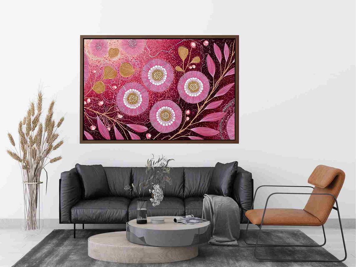Magenta floral botanical canvas art with gold stems for elegant bedroom wall decor.