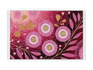 Magenta floral botanical canvas art with gold stems for elegant bedroom wall decor.