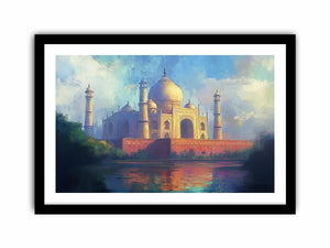 Impressionist Taj Mahal canvas art with reflection for elegant living room decor.