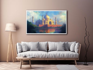 Impressionist Taj Mahal canvas art with reflection for elegant living room decor.