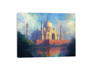 Impressionist Taj Mahal canvas art with reflection for elegant living room decor.