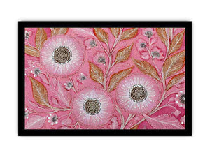 Pink botanical canvas art with dotted flowers and ochre leaves for modern living room decor.