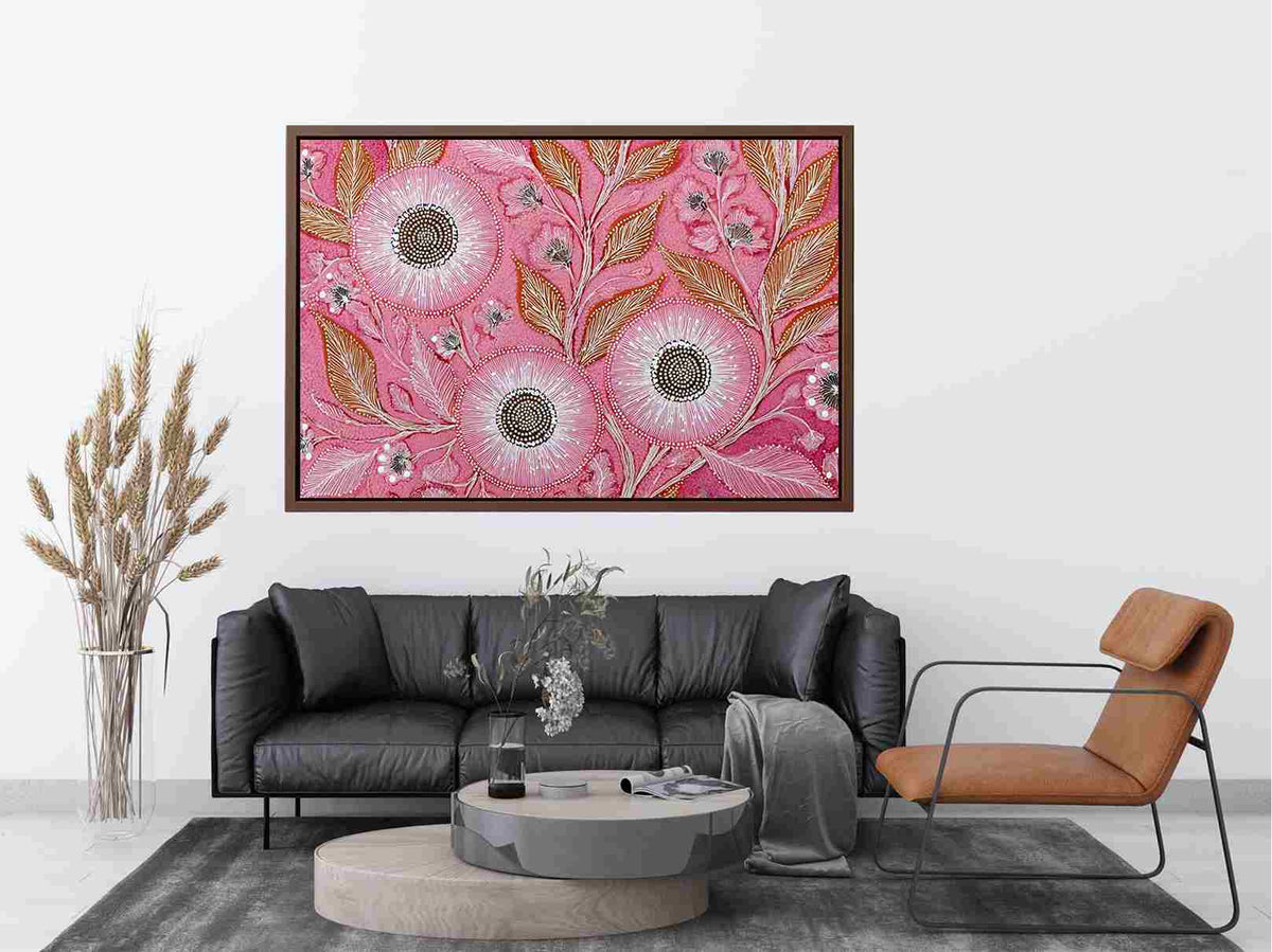 Pink botanical canvas art with dotted flowers and ochre leaves for modern living room decor.