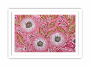 Pink botanical canvas art with dotted flowers and ochre leaves for modern living room decor.