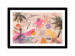 Soft abstract palm canvas art with pink, teal, and yellow marks for coastal modern room decor.