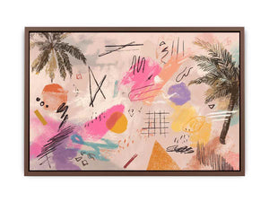 Soft abstract palm canvas art with pink, teal, and yellow marks for coastal modern room decor.